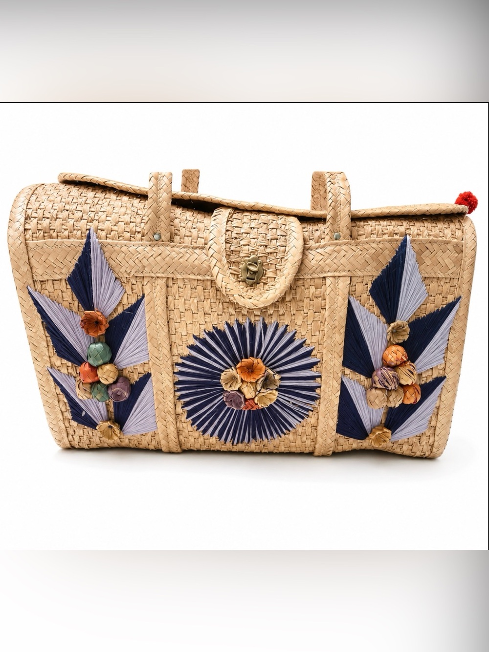 Vintage Mexico Hand Woven Straw Raffia Wicker Beach Tote Market Bag Purse Summer - Picture 5 of 6